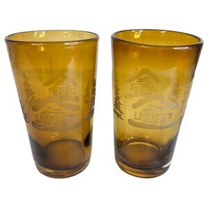 2 Home Studio Woodland Amber Glass Tumblers Etched Winter Scene 20 OZ Cabin Tree